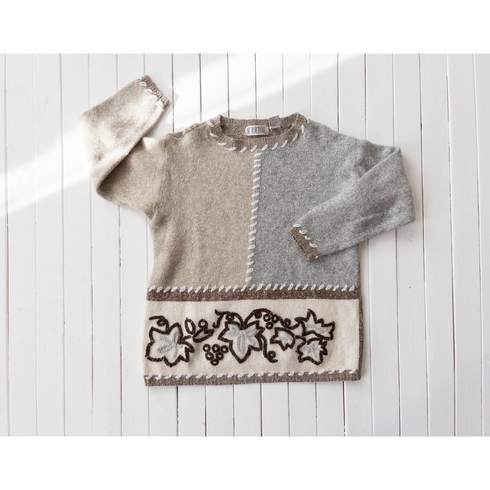 vintage beige gray‎ wool angora silk leaf embroidered sweater